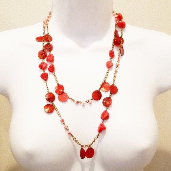 90s Red Abalone Shell Coin Long Sweater Necklace - Picture 5 of 12